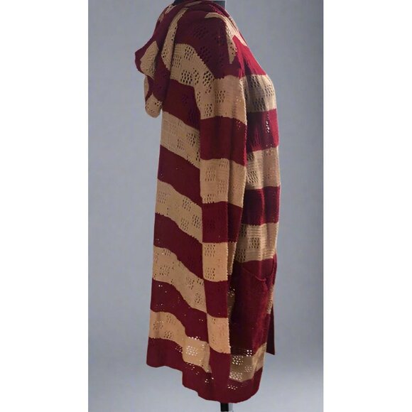 Open Knitted Striped Hooded Cardigan w/ Pockets - Picture 9 of 11